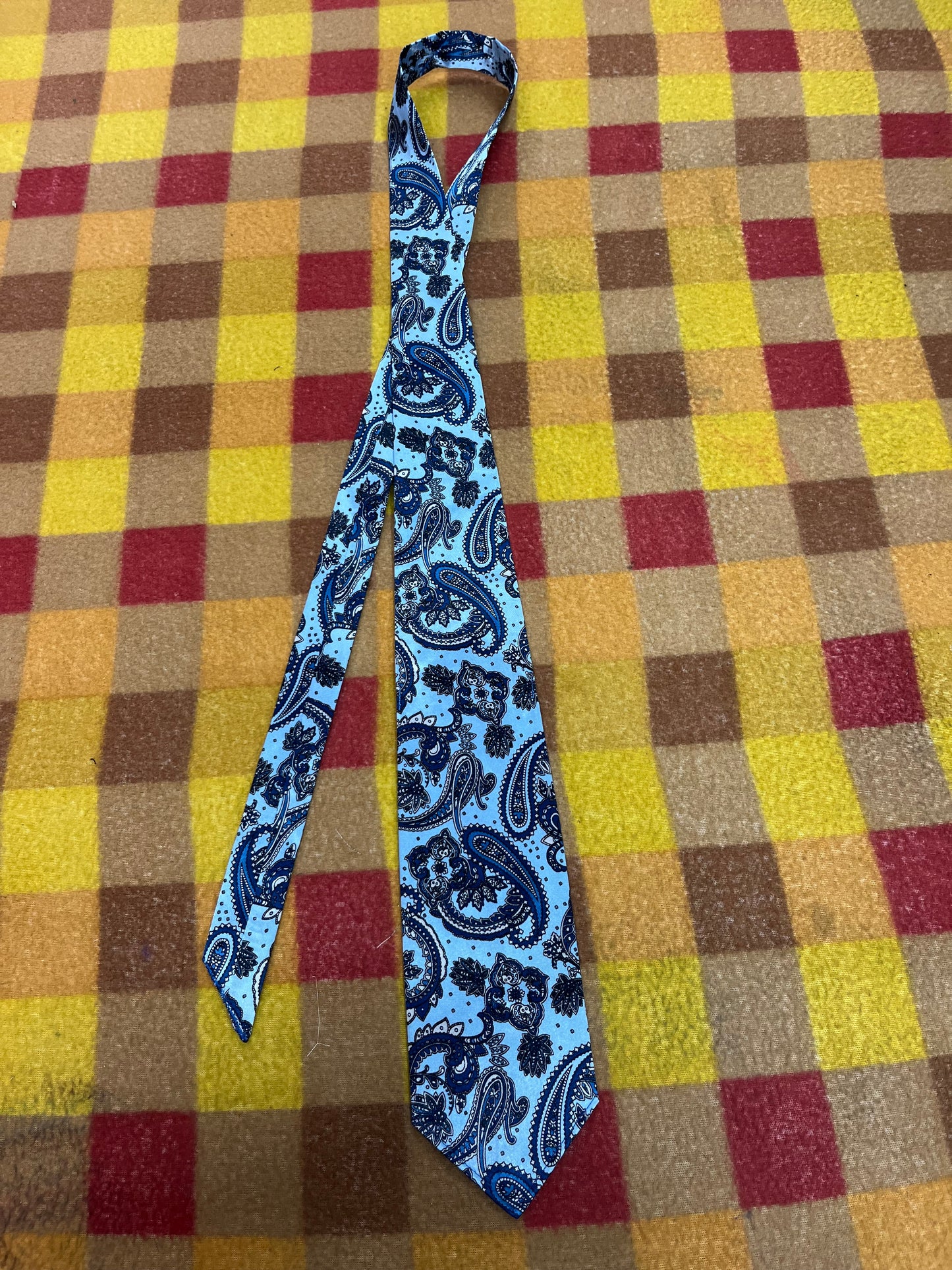 60” Necktie, 12x12” pocket square. Blue paisley
