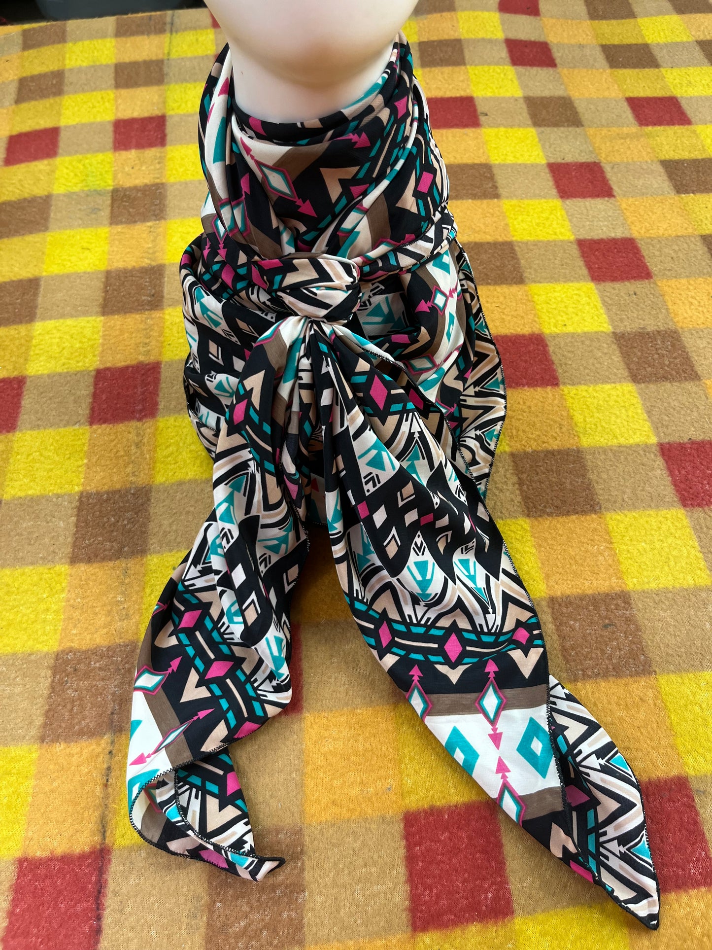 Wild Rag 45x45 turquoise/ black/ tan. Diamond/ tribal