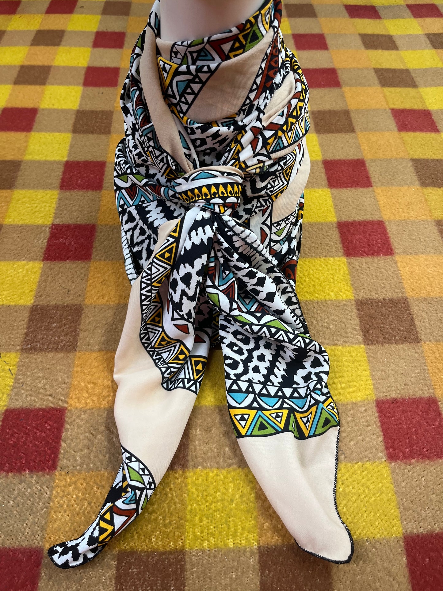 Wild Rag 45x45 tan/ multi color tribal