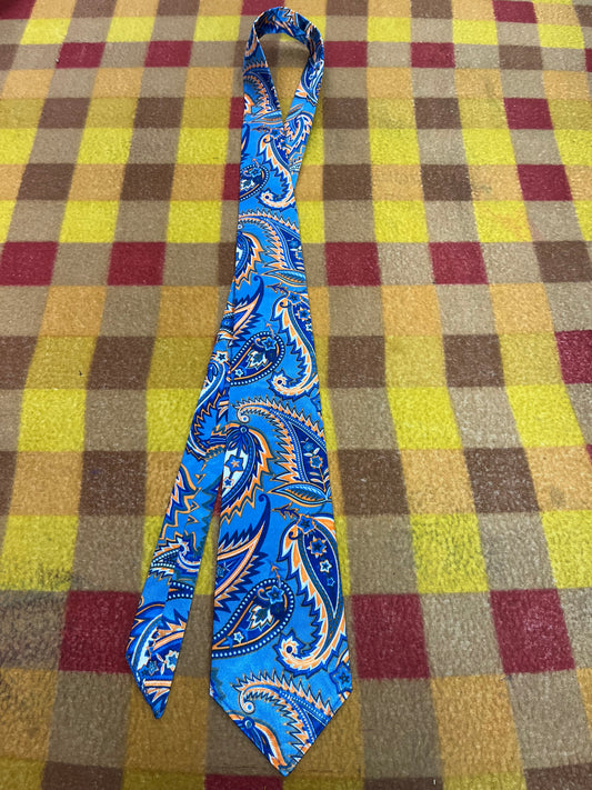 60” Necktie, 12x12” pocket square. Blue/ orange paisley