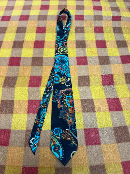 60” Necktie, 12x12” pocket square. Black/teal/orange paisley