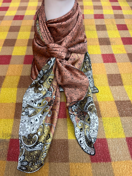 Wild Rag 45x45 coral/gold/white/chevron/ border floral