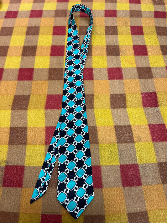 60” Necktie, 12x12” pocket square. Black/ turquoise square