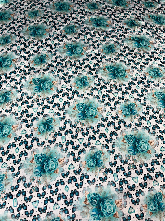 Wild Rag 45x45 turquoise roses/ butterfly’s