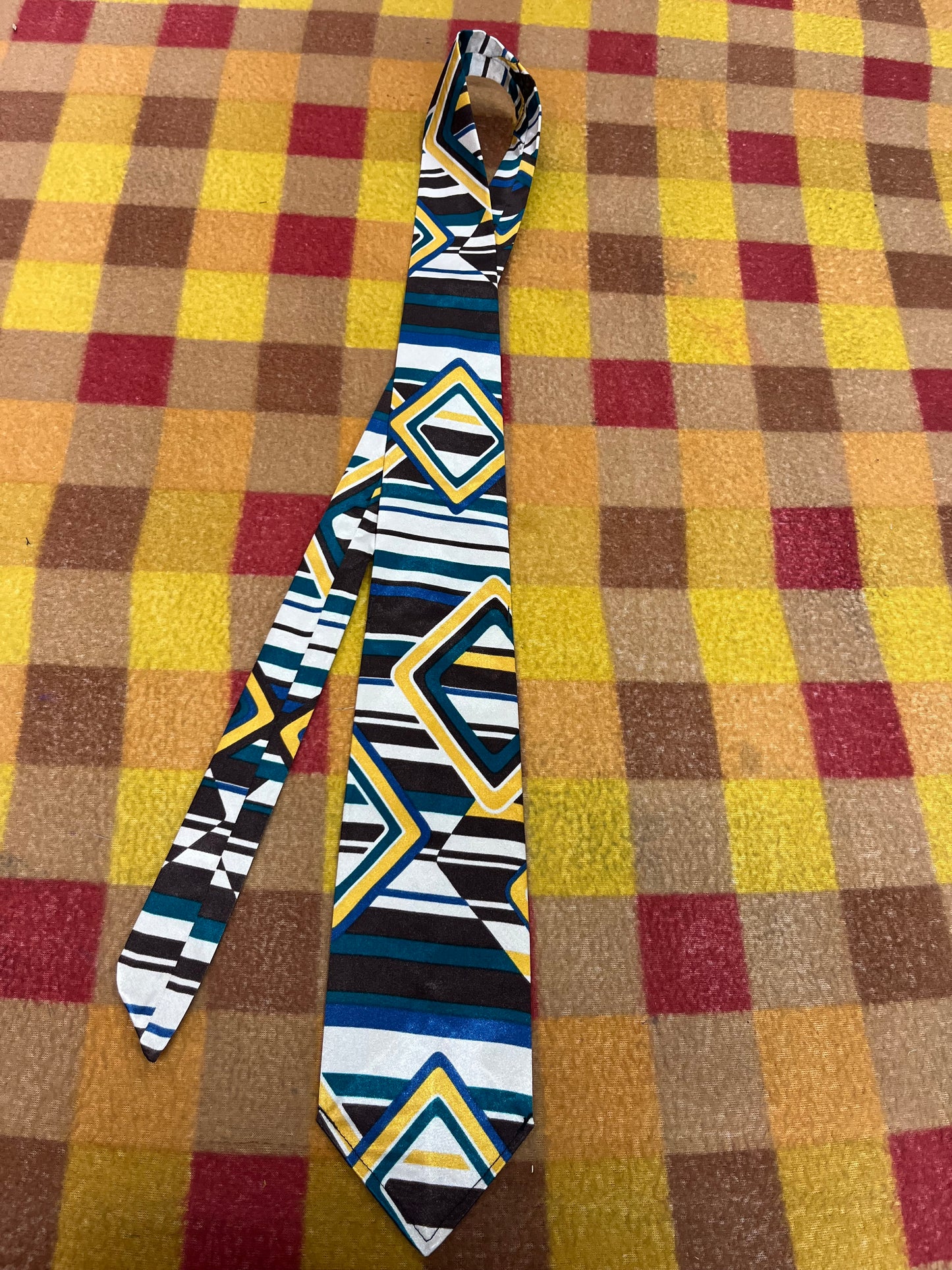 60” Necktie, 12x12” pocket square.brown/ gold / teal diamond