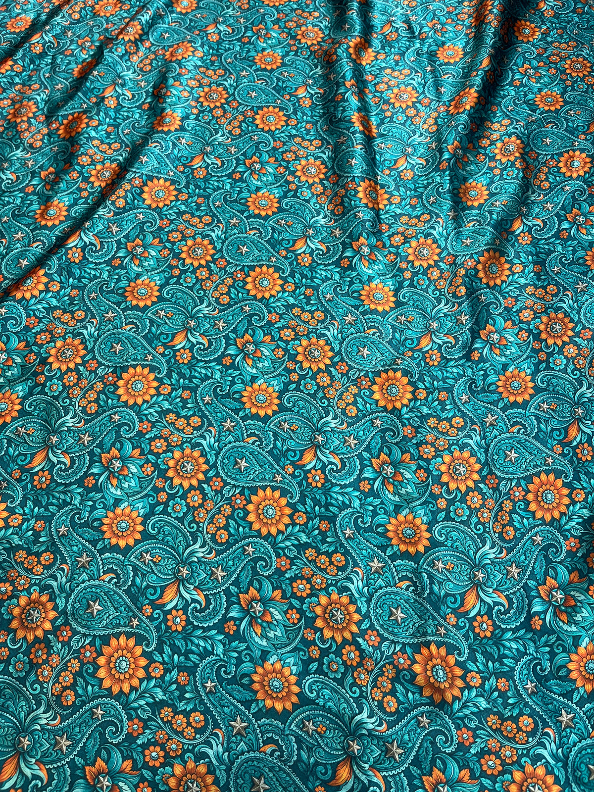 Wild Rag 45x45 teal/gold paisley/floral leather tool