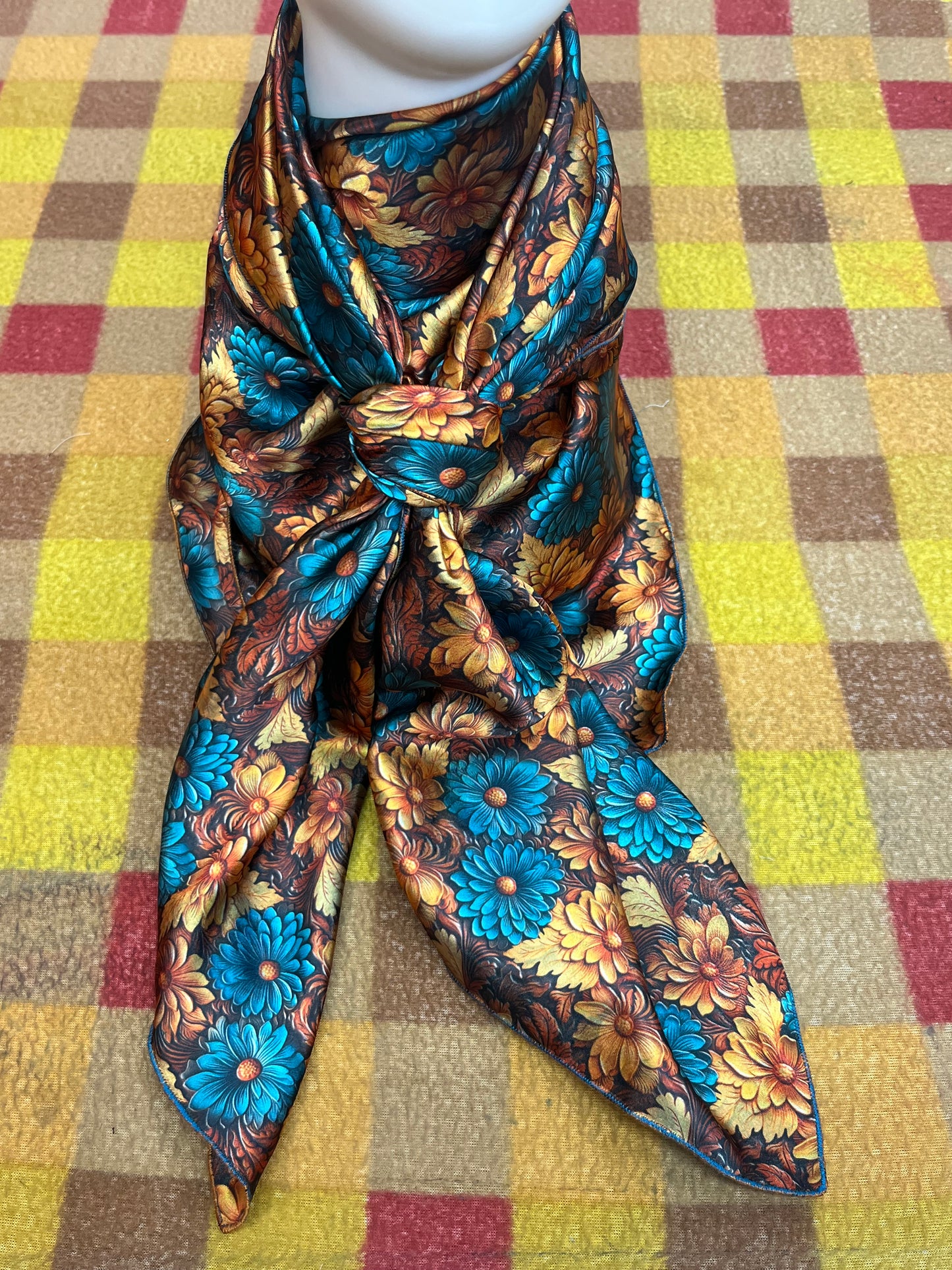 Wild Rag 45x45 teal/gold/rust floral leather tool