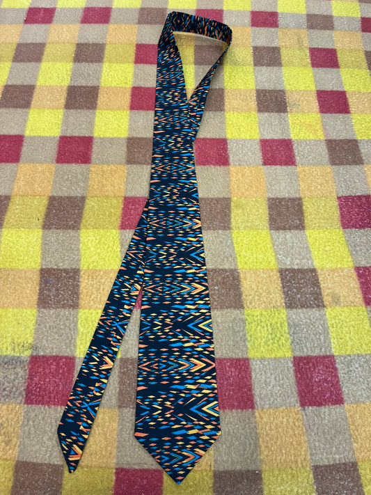 60” Necktie, 12x12” pocket square. Black/Blue/ orange diamond