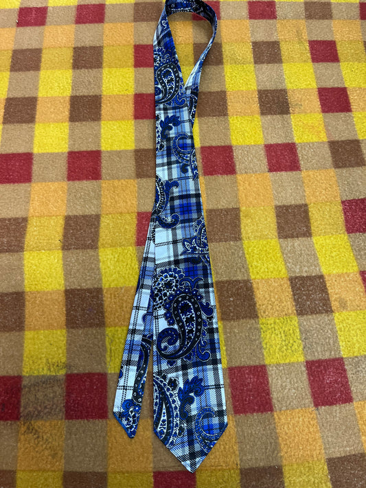 60” Necktie, 12x12” pocket square. Blue plaid/paisley