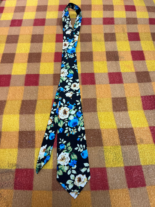 60” Necktie, 12x12” pocket square. Black/blue/white roses