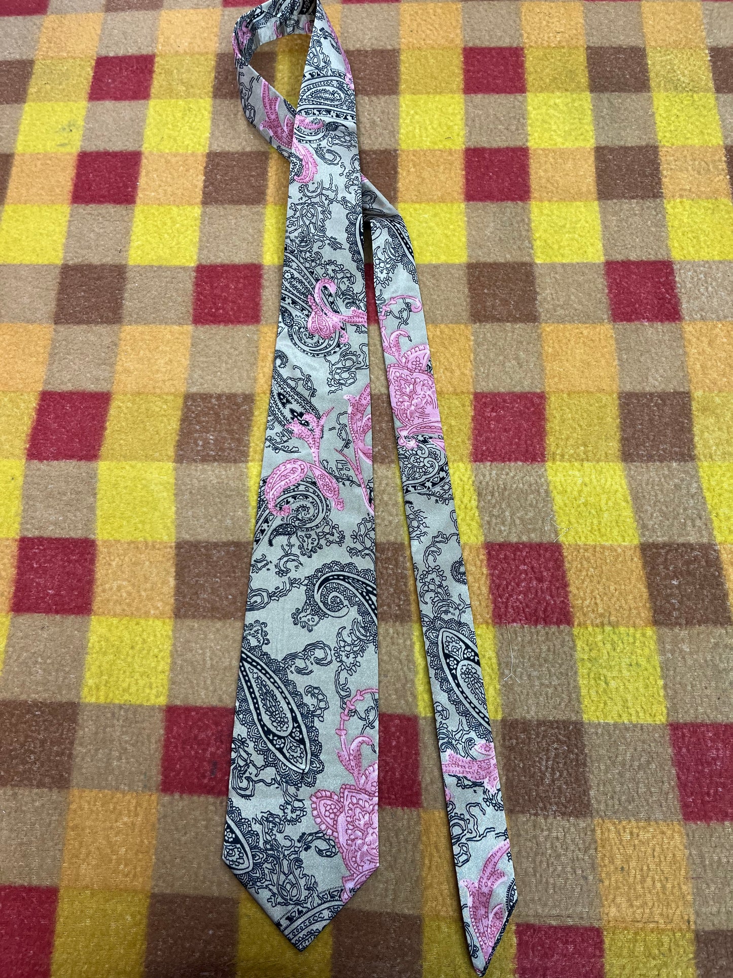 60” Necktie, 12x12” pocket square. Tan /black/pink paisley