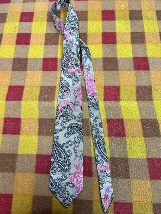 60” Necktie, 12x12” pocket square. Tan /black/pink paisley