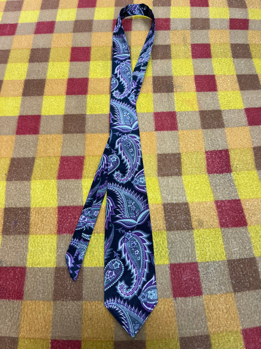 60” Necktie, 12x12” pocket square. Black/ purple paisley