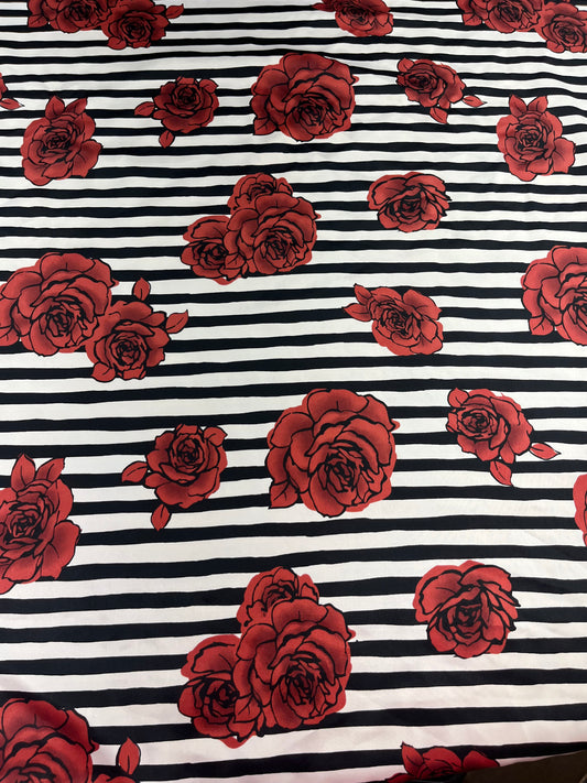 Wild Rag 45x45. Red Roses/ black and white stripe