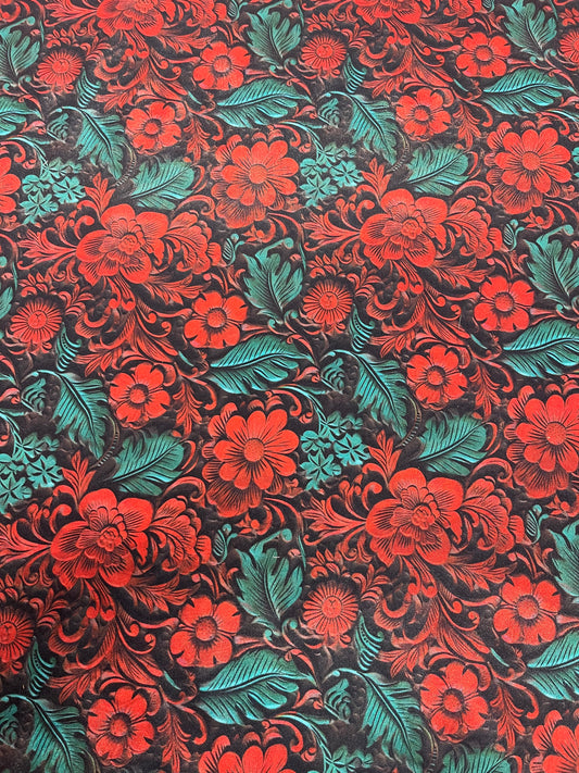 Wild Rag 45x45 red/green floral/ leather tool