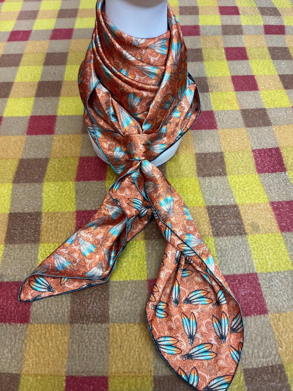 Wild Rag 45x45 orange turquoise feathers