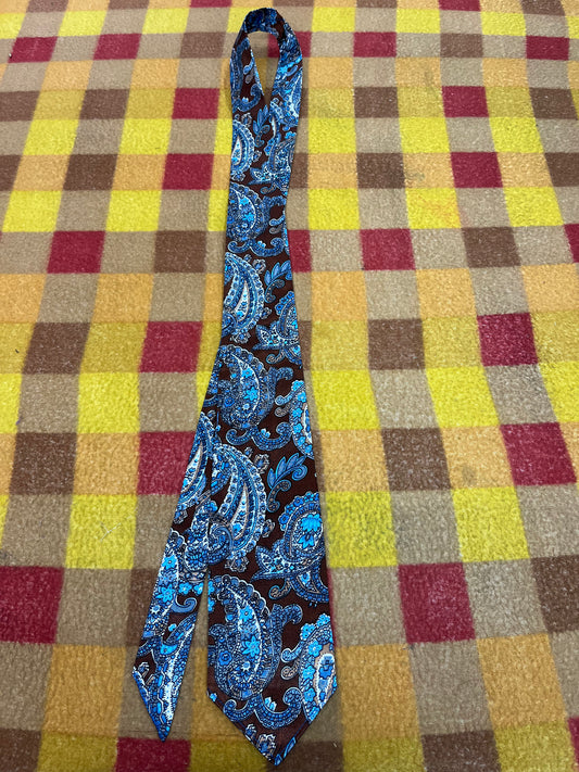 60” Necktie, 12x12” pocket square. Brown/ blue paisley